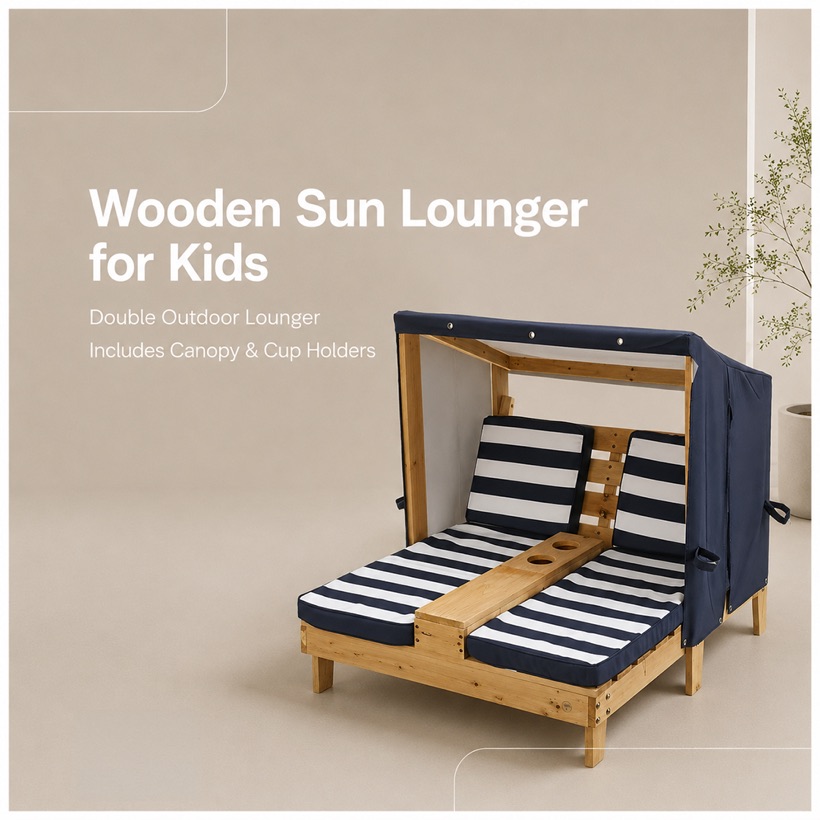 Kids Wooden Lounger with Canopy