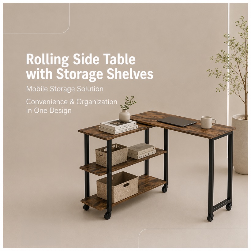 Mobile Side Table with Shelves